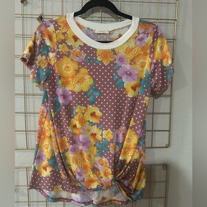 Oddi Mauve Floral Polka Dot Twist Hem Top | NWOT | Size Small | Soft & Stretchy